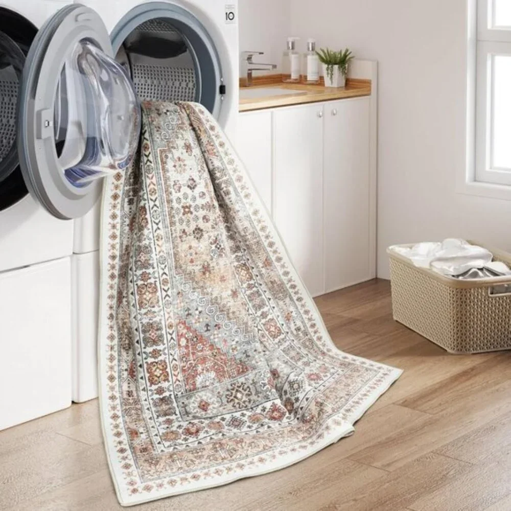 New 5x7 Washable Area Rug, Ultra-Thin Vintage Carpet for Room Decor - Beige